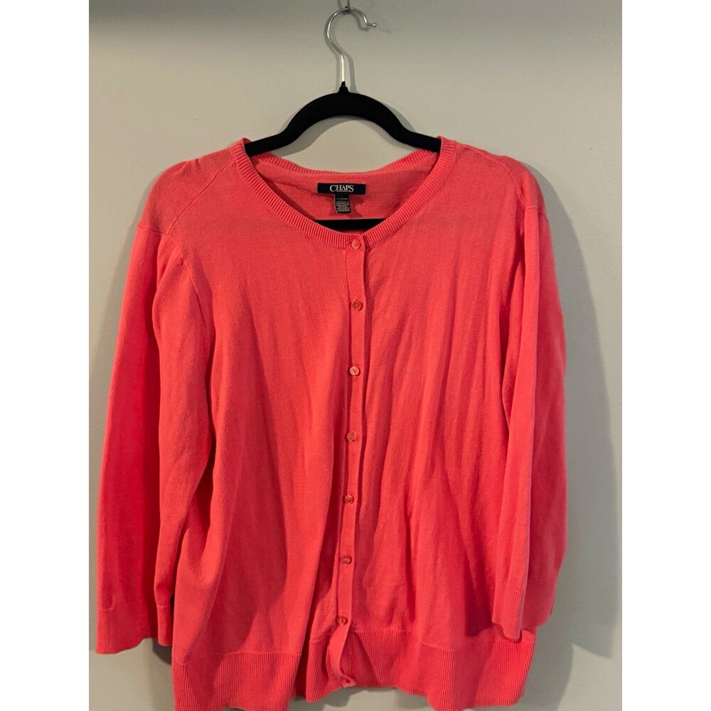 Chaps Women’s Plus 1X Pink/Coral Solid Knit VNeck Button Preppy Cardigan Sweater